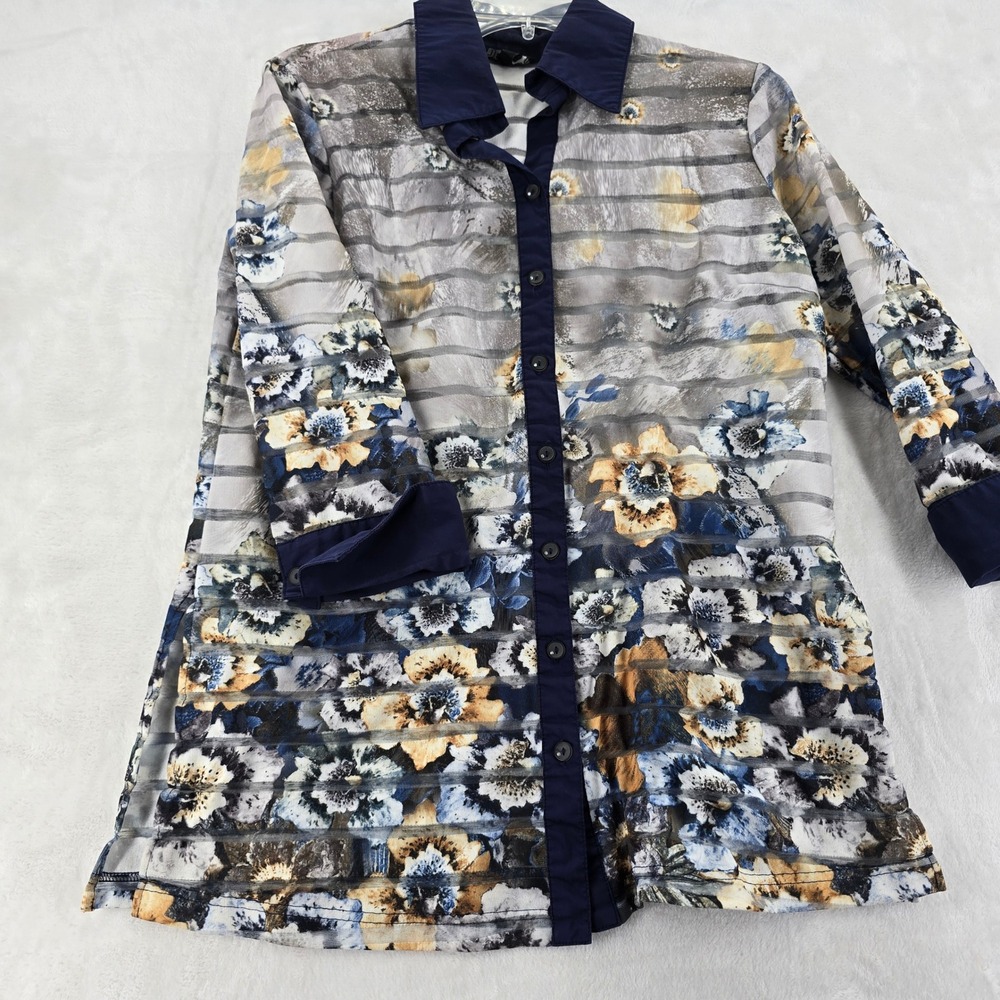 Unbranded Button Up Womens 20.5x27.5 Blouse Blue Gray Floral Sheer Striped Top